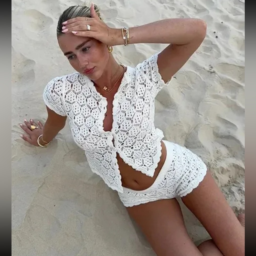 White Crochet Top and Shorts Set